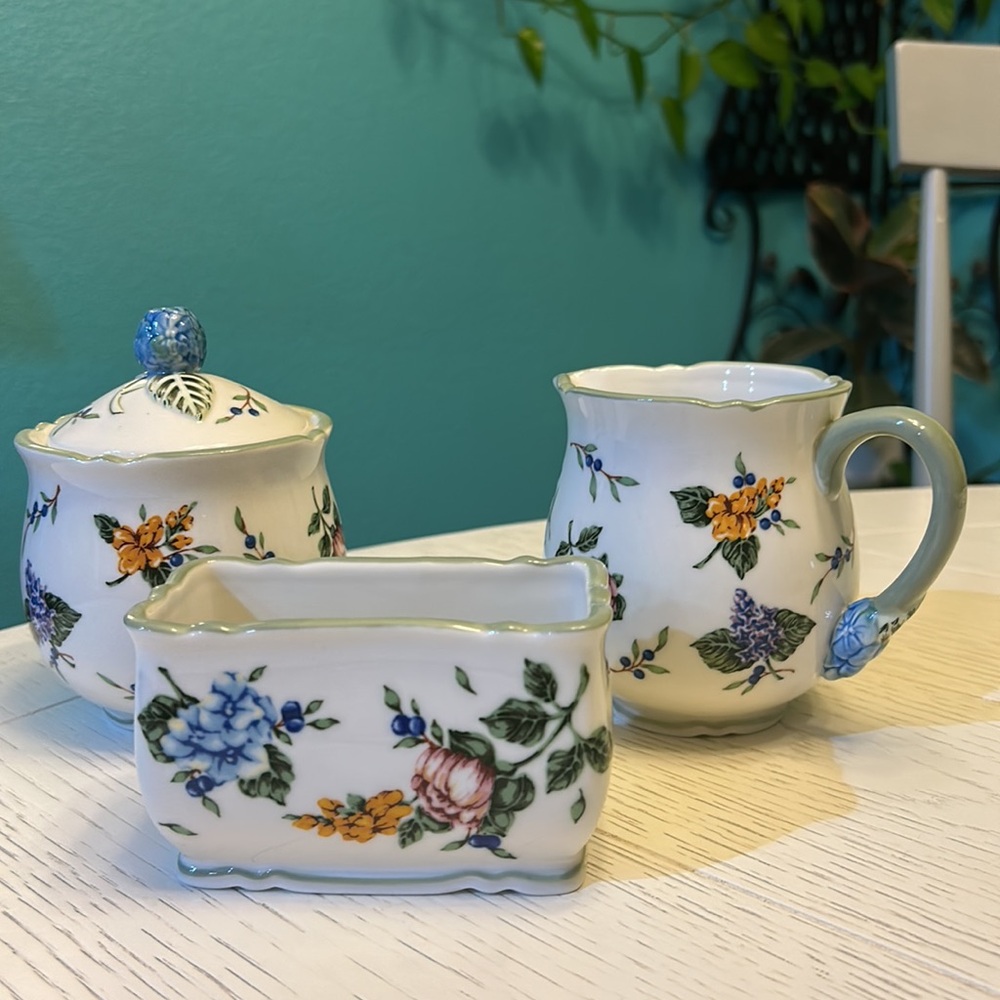Princess House Floral Ceramic Sugar packet, Creamer and Sugar bowl set.